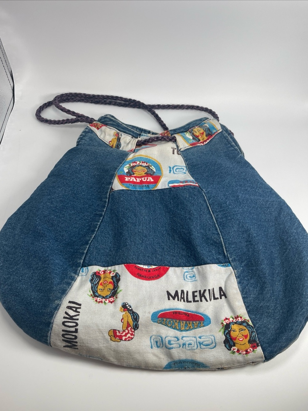 Handcrafted Denim and Hawaiian Print Shoulder Bag